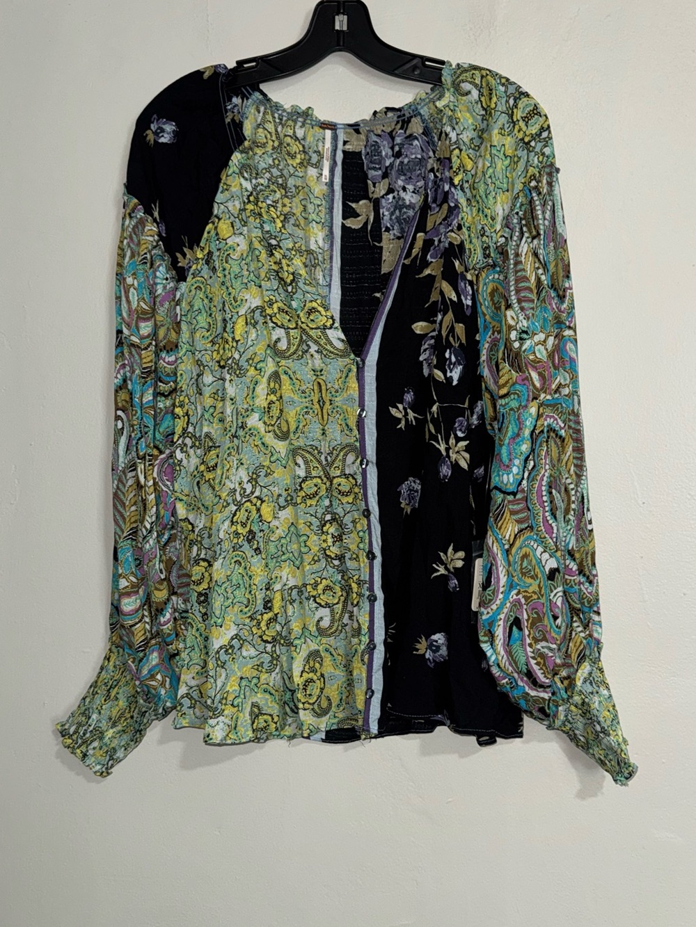 Free People Patchwork Paisley Floral Blouse - Black, Green, Teal